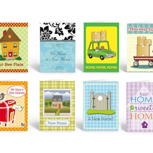 May include: Set of ten greeting cards with various designs for new home celebrations. The cards feature illustrations of houses, moving trucks, mailboxes, and gates. The text on the cards includes phrases like "Our New Place", "We Have a New Home", "Moving Again", "A New Home!" and "New Home Sweet Home".