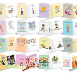 May include: A collection of various greeting cards with humorous illustrations and text. The cards feature themes like get well, thank you, congratulations, and birthday wishes. The cards are open, displaying the inside message.
