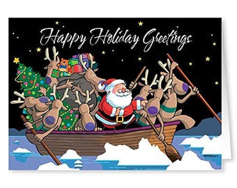 Land Ho Ho Ho Boating Theme Holiday Card - 18 Christmas Cards & Envelopes - KX359