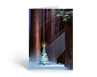 May include: A greeting card featuring a vertical illustration of a snow-covered evergreen tree with a glowing star topper, positioned in a dense forest of tall, reddish-brown redwood trees against a dark blue sky, with snow on the ground.