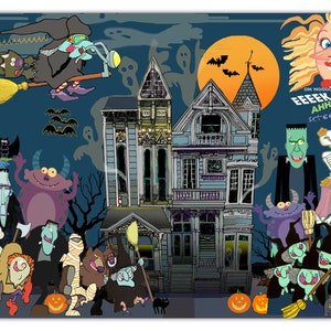 May include: A spooky Halloween scene with a haunted house, a witch flying on a broomstick, a monster, a skeleton, and a group of ghosts. The text "EEEK! AHH! screeeam!" is written in red on a white background.