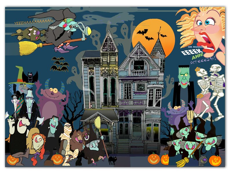 May include: A spooky Halloween scene with a haunted house, a witch flying on a broomstick, a monster, a skeleton, and a group of ghosts. The text "EEEK! AHH! screeeam!" is written in red on a white background.
