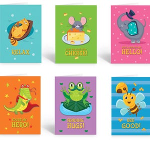 May include: Set of six greeting cards with cartoon animal illustrations. The cards feature an otter, mouse, elephant, alligator, frog, and bee. Each card has a different background color and a unique message, such as "Relax" and "You're my Hero!"