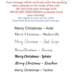 May include: A white informational card featuring black text instructions regarding personalization and font choices. The text lists eight font styles including Arial, Baskerville, Bad Script, Dancing, Lobster, Kaushan, Techno, and Satisfy, each displayed with the phrase Merry Christmas.