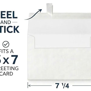 A white envelope with a peel-and-stick closure is shown with text overlays indicating it fits a 5x7 greeting card and measures 7 1/4 by 5 1/4 inches.