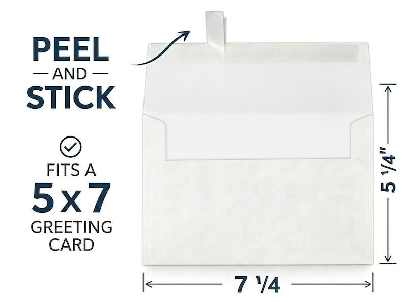 A white envelope with a peel-and-stick closure is shown with text overlays indicating it fits a 5x7 greeting card and measures 7 1/4 by 5 1/4 inches.