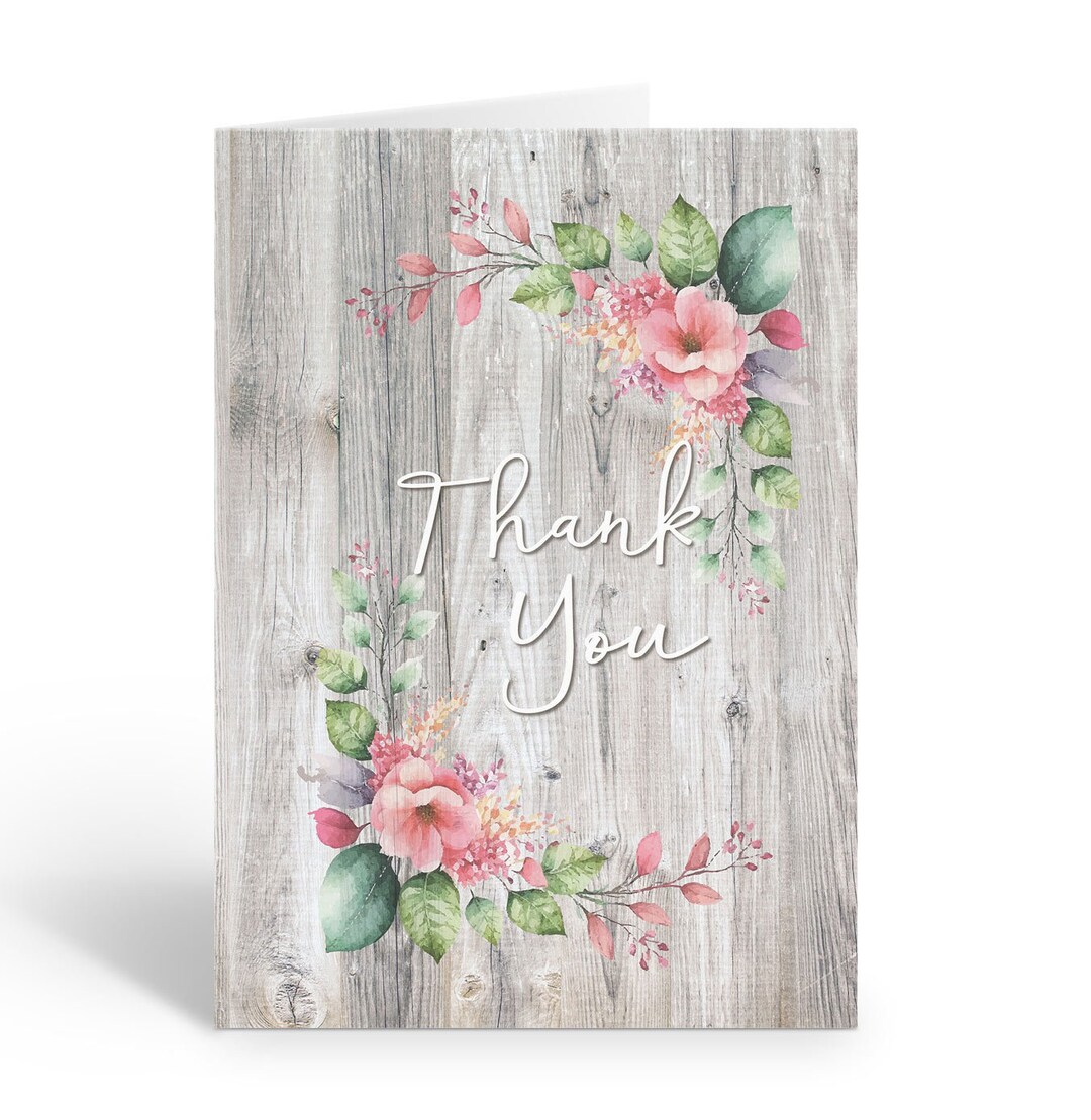 Rustic Pink Floral Thank You Note Card - 10 Boxed Cards & Envelopes ...