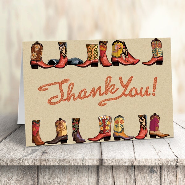 Boxed Cowboy Boots Western Thank You Card - Folded 4.25x5.5 Western Blank Note Cards - 14067