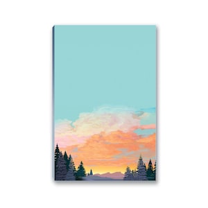May include: A digital illustration of a sunset over a forest with a light blue sky and pink, orange, and yellow clouds. The trees are dark green and silhouetted against the sunset.