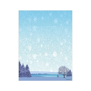 May include: A winter scene with a blue sky and white snowflakes falling. There are two evergreen trees on the left side of the image and a bare tree on the right side. The ground is covered in snow and there is a lake in the background.