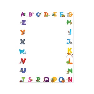 May include: A colorful alphabet border with illustrations for each letter. The letters are in a rainbow of colors and are arranged in a frame around a white background.