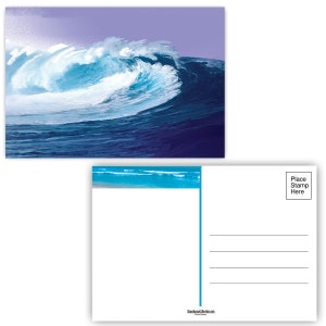 May include: A postcard featuring a painting of a large, blue wave crashing in the ocean. The sky is a light purple color. The back of the postcard has a space for a stamp and an address.