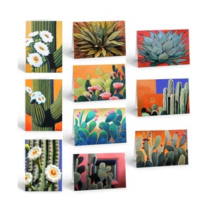 May include: A collection of greeting cards featuring vibrant paintings of cacti and succulents. The artwork showcases various desert plants with detailed depictions of flowers, leaves, and textures, set against colorful backgrounds.