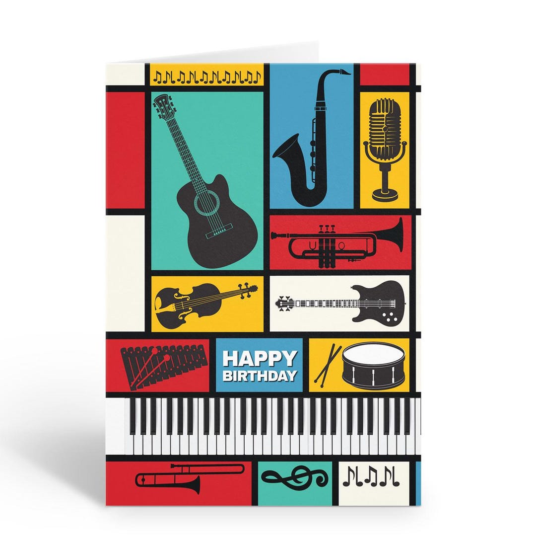 Colorful Musical Instruments Birthday Card - 1 Single Card With ...
