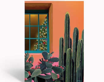 May include: A greeting card illustration featuring a teal-framed window looking into a room with a decorated Christmas tree. In the foreground, a prickly pear cactus with red fruit and tall columnar cacti stand against a vibrant orange wall.