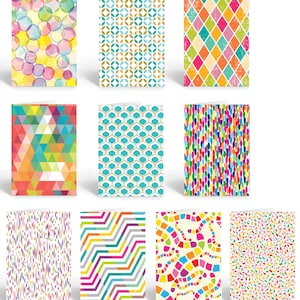 May include: Set of ten greeting cards featuring colorful geometric patterns. The cards are blank inside and perfect for sending a personalized message.