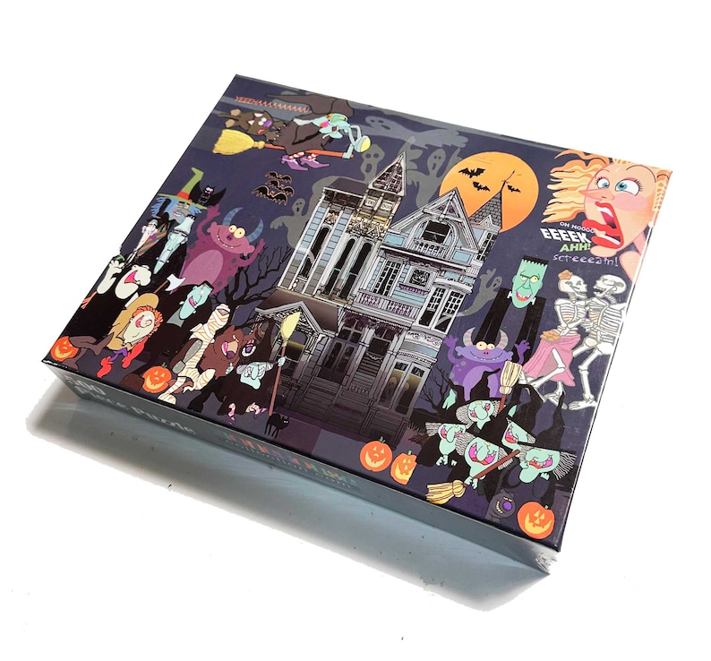 May include: A colorful illustration of a haunted house with a variety of spooky characters, including a witch, a ghost, a skeleton, and a monster. The text on the box reads "Oh no! EEK! AHH! screeeeech!"
