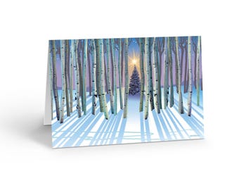 May include: A folded greeting card featuring a winter forest scene with white birch trees casting long blue shadows across a snow-covered ground. A single evergreen tree stands in the center distance beneath a bright star in a purple sky.