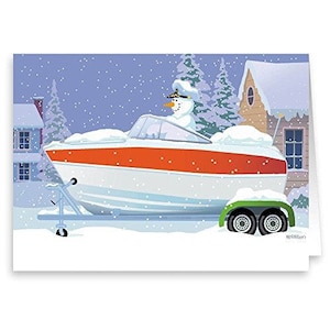 Snowman Captain Speedboat Holiday Card - 18 Cards & Envelopes - 60010