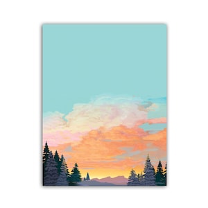 May include: A digital painting of a forest scene with a sunset sky. The sky is a gradient of orange, pink, and yellow, with fluffy white clouds. The trees are dark green and silhouetted against the sky.