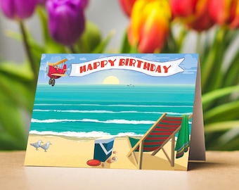 Beach Happy Birthday Card Pack - 12 cards and 13 envelopes - Beach Theme Cards - 11035