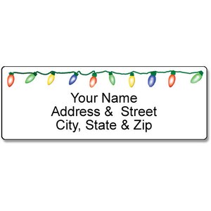 May include: A white label with a string of colorful Christmas lights across the top. The text "Your Name", "Address & Street", and "City, State & Zip" is printed below the lights.