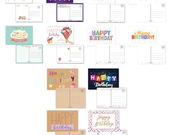 May include: A collection of colorful birthday postcards with various designs. Some cards feature the words "Happy Birthday" in different fonts and styles, while others have decorative elements like balloons, confetti, and cupcakes. The postcards are blank on the back.