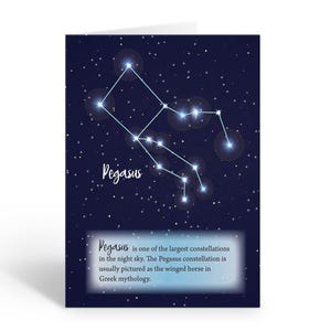 May include: A blue and white illustration of the Pegasus constellation against a dark blue starry night sky. The text "Pegasus is one of the largest constellations in the night sky. The Pegasus constellation is usually pictured as the winged horse in Greek mythology." is below the constellation.