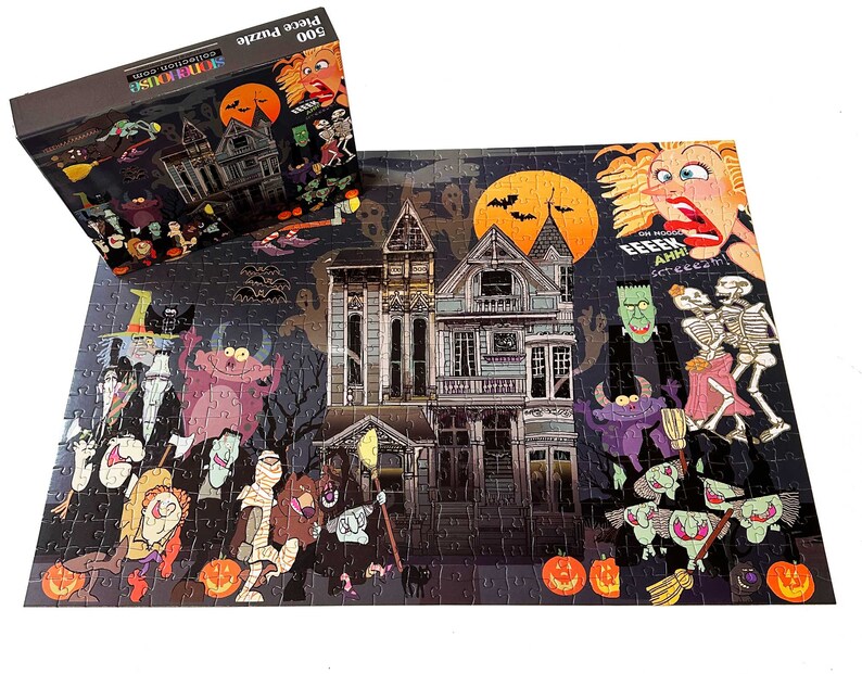 May include: A 500 piece jigsaw puzzle featuring a spooky haunted house with a variety of cartoon monsters and ghouls. The puzzle box shows a close-up of the haunted house with a witch and a skeleton.