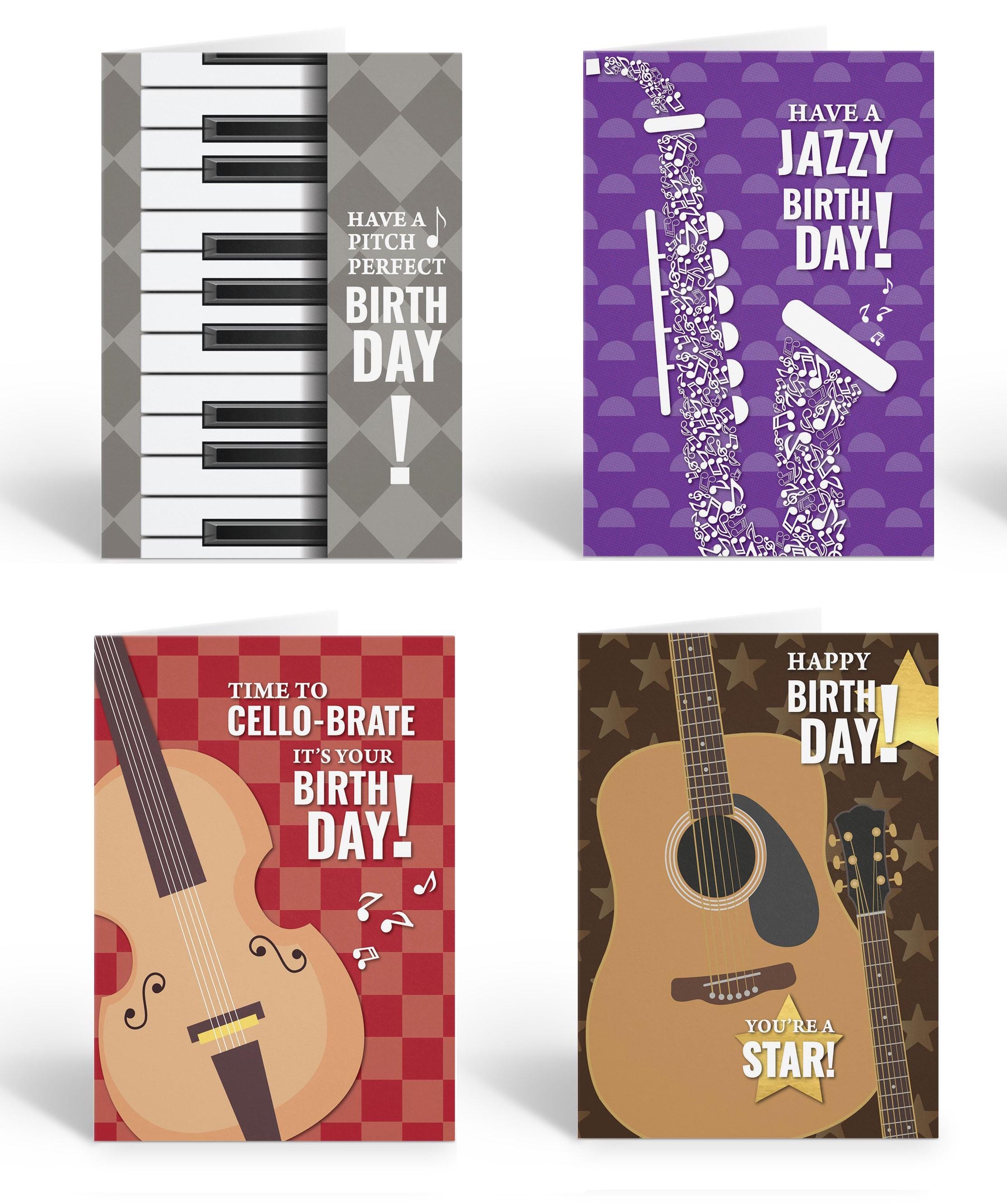 Assorted Music Themed Birthday Cards - 12 Cards with Envelopes - Great for Musicians - B18189