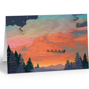 Forest Sunset Santa - 18 Christmas Cards & Evelopes - Flying Sleigh - 20136