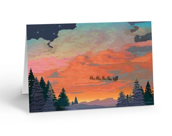 Forest Sunset Santa - 18 Christmas Cards & Envelopes - Flying Sleigh