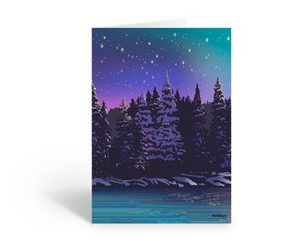 May include: A snowy forest scene with a lake in the foreground. The sky is a deep blue with a purple hue and is dotted with stars. The trees are silhouetted against the sky and are covered in snow.