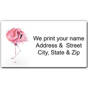 May include: White rectangular label with a watercolor flamingo illustration in shades of pink. Text on the right side reads: "We print your name, Address & Street, City, State & Zip."