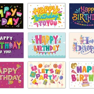 Assorted Happy Birthday Postcard Variety Pack - 36 Postcards, 9 Different Designs, 4 of Each - B17177
