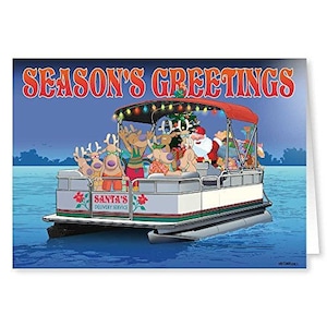 Santa&#39;s Pontoon Boat Christmas Card - 18 Cards & Envelopes - Boating Christmas Card -60035