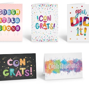 May include: Five different greeting cards with colorful designs and text. The cards feature the words "Congratulations", "You Did It", and "Congrats" in various fonts and colors.