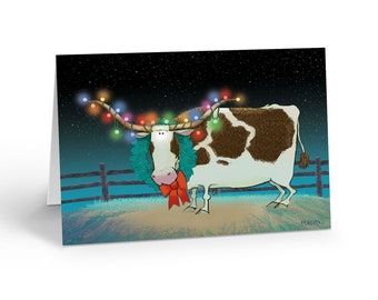 Longhorn Decorated in Christmas Lights Around It's Horns Funny Holiday Card - 18 Holiday Cards & 19 Envelopes - 40103