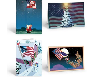 Assorted Patriotic Christmas Cards - 16 USA Flag Holiday  Cards & Envelopes - 108