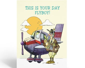 Single Airplane Birthday Card - Pilot "Flyboy" Celebration | Aviation, Vintage, Fun, Travel, Pilot, 5x7 Folded