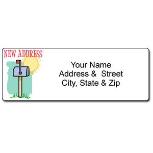 May include: A new address label with a cartoon mailbox, sun, and the text "NEW ADDRESS". The label also includes the text "Your Name", "Address & Street", and "City, State & Zip".