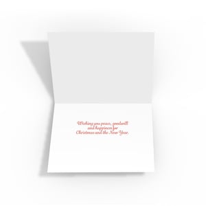 The inside of a folded white greeting card reads, "Wishing you peace, goodwill and happiness for Christmas and the New Year."