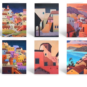 May include: Set of six colorful greeting cards featuring abstract paintings of buildings in a Mediterranean style. The cards are blank inside for writing messages.