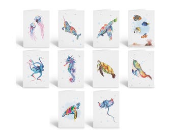 Watercolor Marine Life Note Cards - Ocean Creature Art, Set of 10
