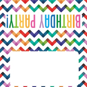 May include: A colorful birthday party invitation with a chevron pattern background and a white space for text. The text "Birthday Party" is written in rainbow colors.