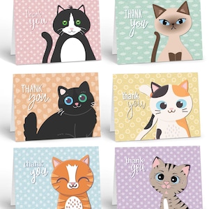 May include: Set of six thank you cards featuring different cute cats with various patterns and colors. Each card has a different background pattern and says "Thank you" in a playful font.