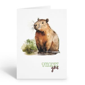 May include: A folded white greeting card featuring a watercolor illustration of a capybara in water with green foliage. The capybara is brown and tan. The words "THANK you" are printed in green and burgundy.