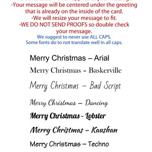 May include: A white informational card with red and blue text instructions for optional personalization. The text lists eight font styles including Arial, Baskerville, Bad Script, Dancing, Lobster, Kaushan, Techno, and Satisfy, each displaying the phrase Merry Christmas.