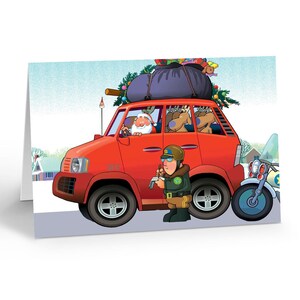 May include: A greeting card illustration featuring a bright red van with a large black sack and pine branches on the roof. Santa Claus sits in the driver seat with reindeer passengers, while a police officer writes a ticket beside the vehicle.