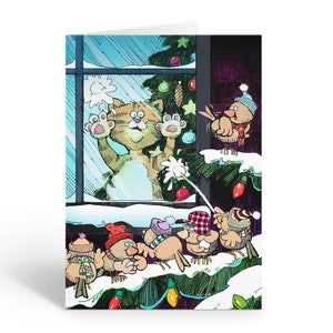 Birds Harassing Cat Funny Christmas Card - 12 Holiday Cards & Envelopes- 18081